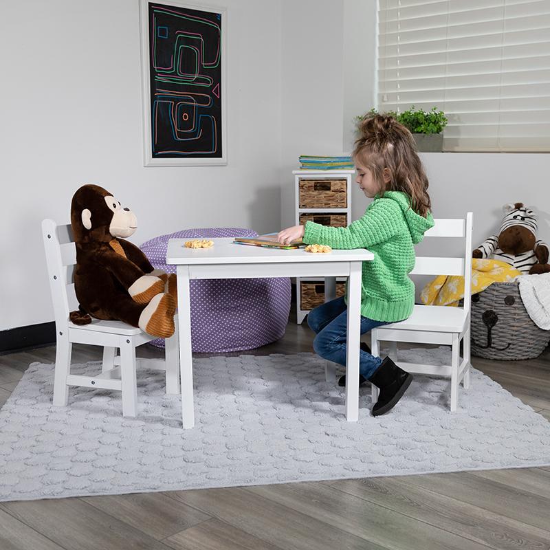 Kids Solid Hardwood Table and Chair Set - 3 Piece Set for Playroom, Bedroom, and Kitchen in White