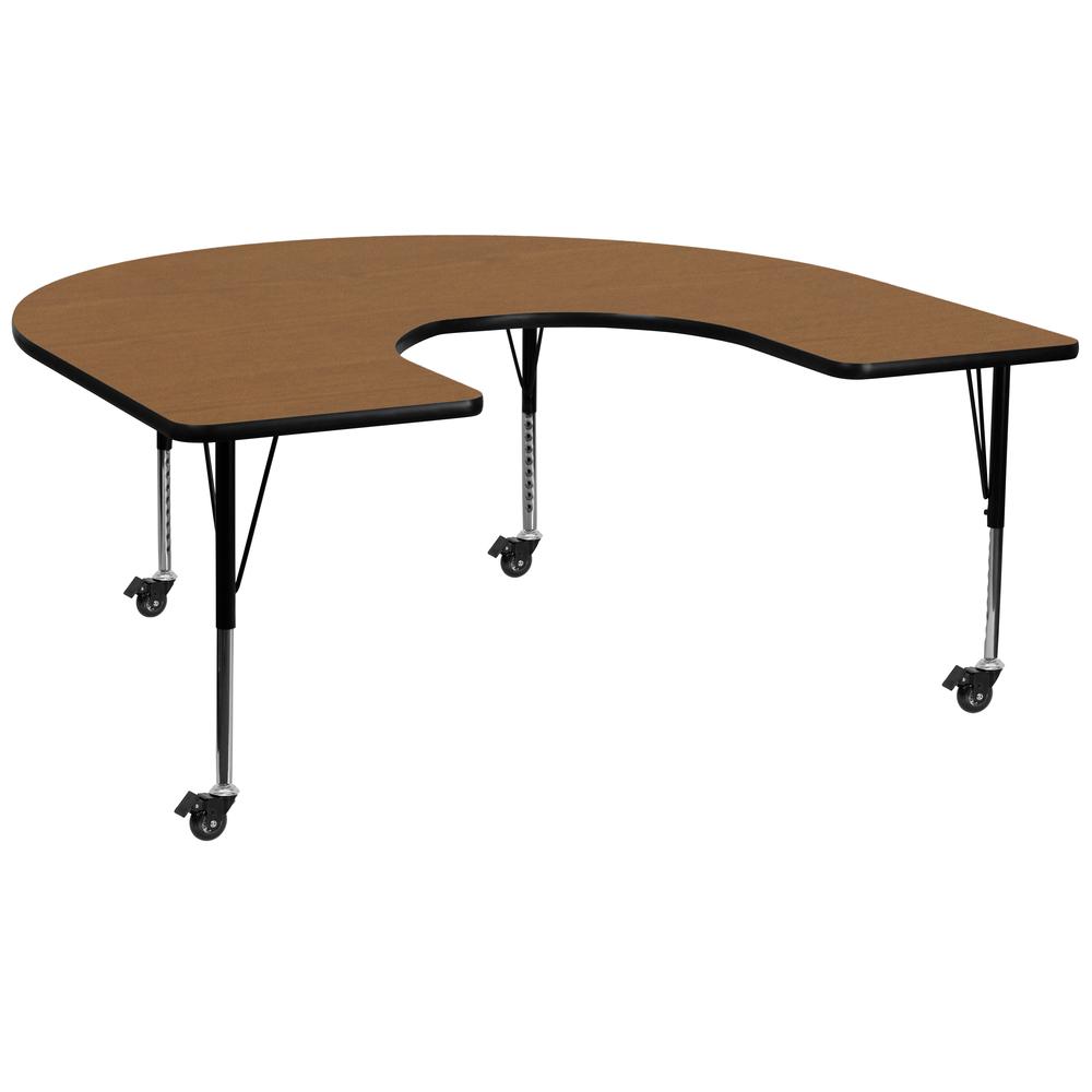 60-W x 66-L Horseshoe Oak Thermal Laminate Activity Table - Height Adjustable, Short Legs - Mobile