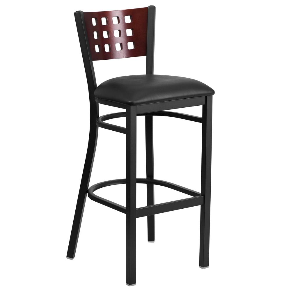 Black Cutout Back Metal Restaurant Barstool with Mahogany Wood Back and Black Vinyl Seat