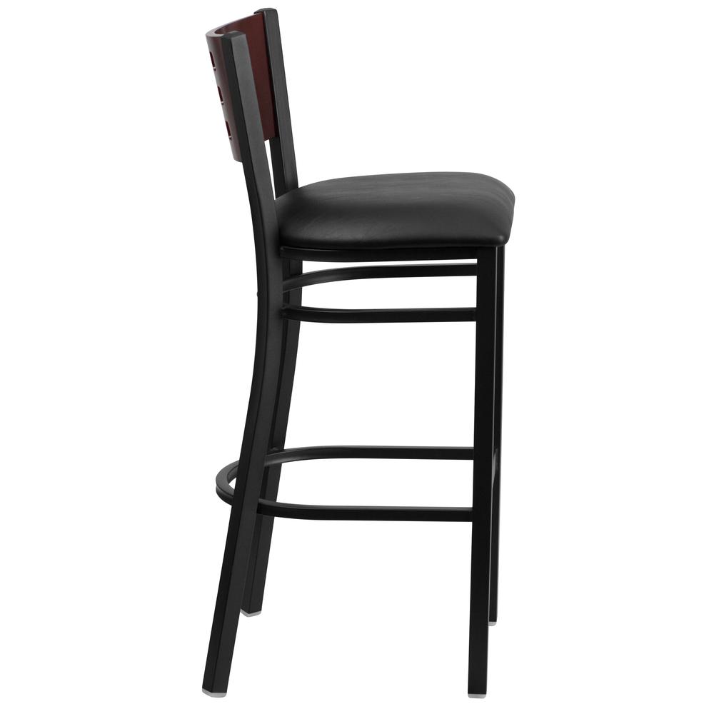 Black Cutout Back Metal Restaurant Barstool with Mahogany Wood Back and Black Vinyl Seat