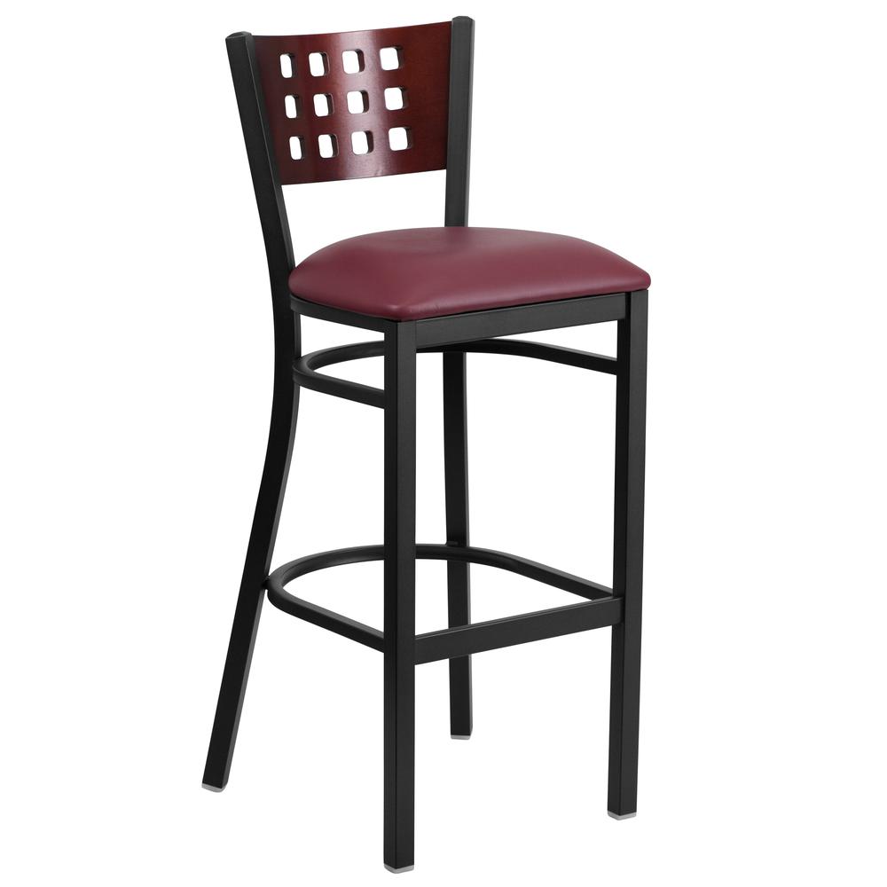 Black Cutout Back Metal Restaurant Barstool with Mahogany Wood Back and Burgundy Vinyl Seat