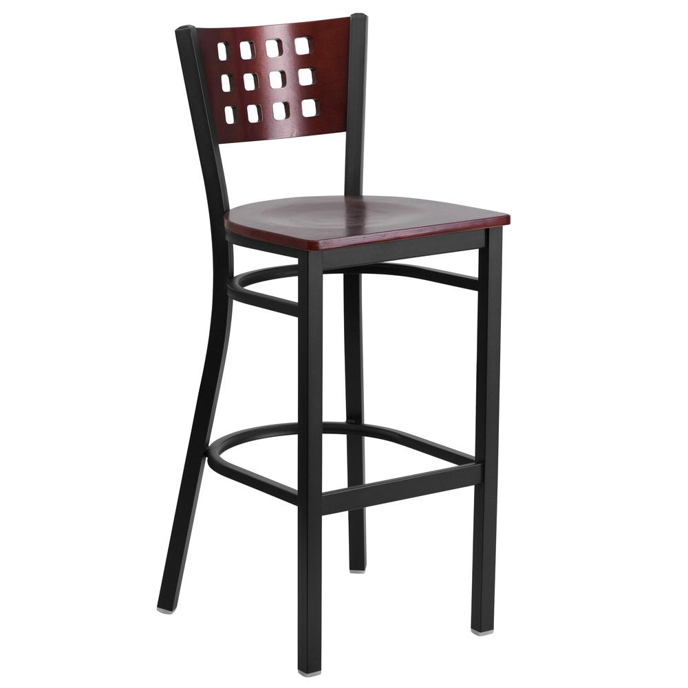 Black Cutout Back Metal Restaurant Barstool with Mahogany Wood Back and Seat - HERCULES Series