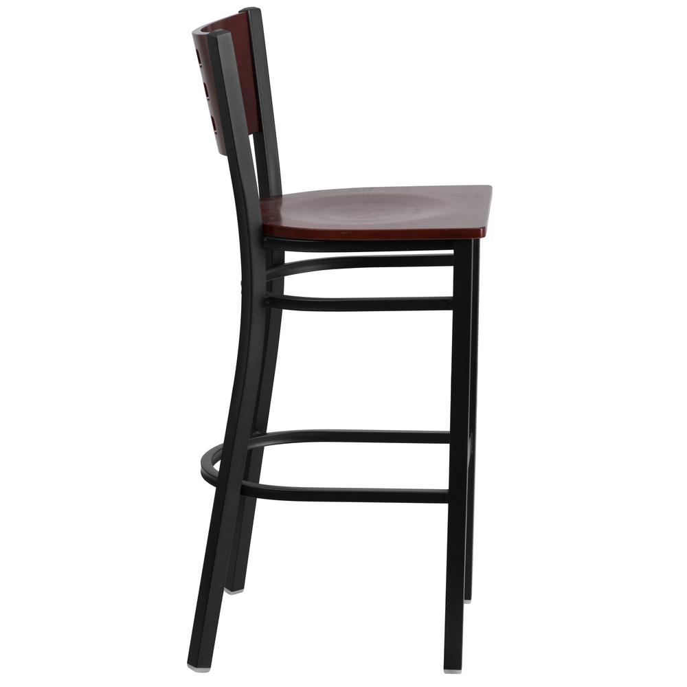 Black Cutout Back Metal Restaurant Barstool with Mahogany Wood Back and Seat - HERCULES Series