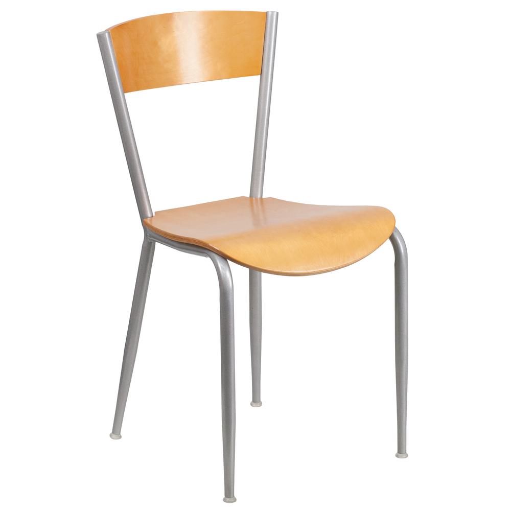 Invincible Series Silver Metal Restaurant Chair with Natural Wood Back and Seat