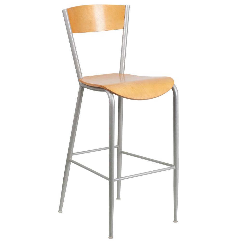 Invincible Series Silver Metal Barstool with Natural Wood Back and Seat