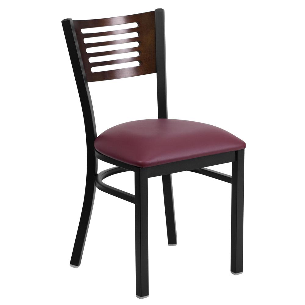 Black Slat Back Metal Restaurant Chair with Walnut Wood Back and Burgundy Vinyl Seat - HERCULES Series