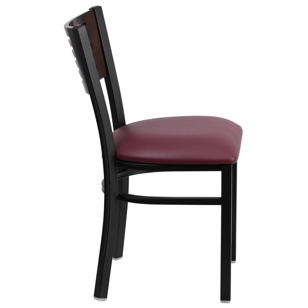 Black Slat Back Metal Restaurant Chair with Walnut Wood Back and Burgundy Vinyl Seat - HERCULES Series