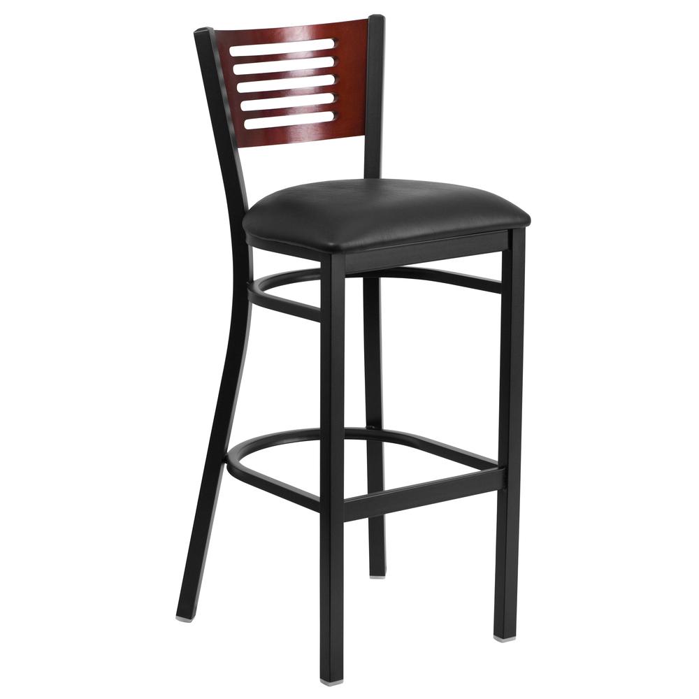 Black Slat Back Metal Restaurant Barstool with Mahogany Wood Back and Black Vinyl Seat