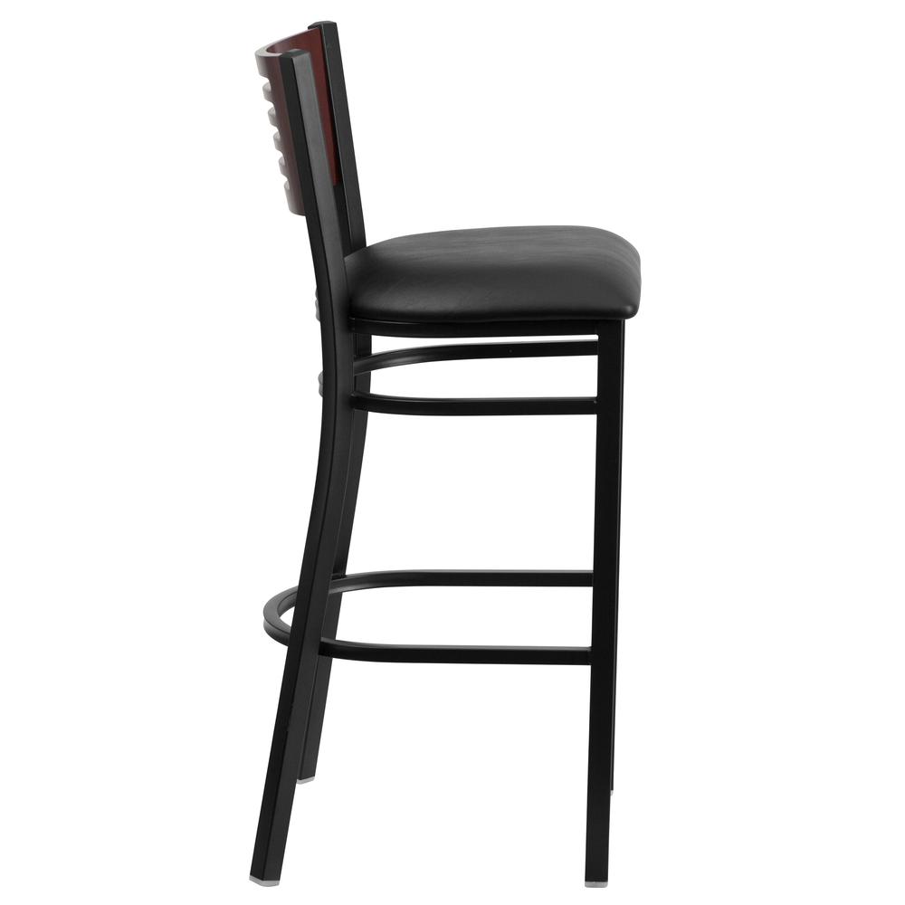 Black Slat Back Metal Restaurant Barstool with Mahogany Wood Back and Black Vinyl Seat