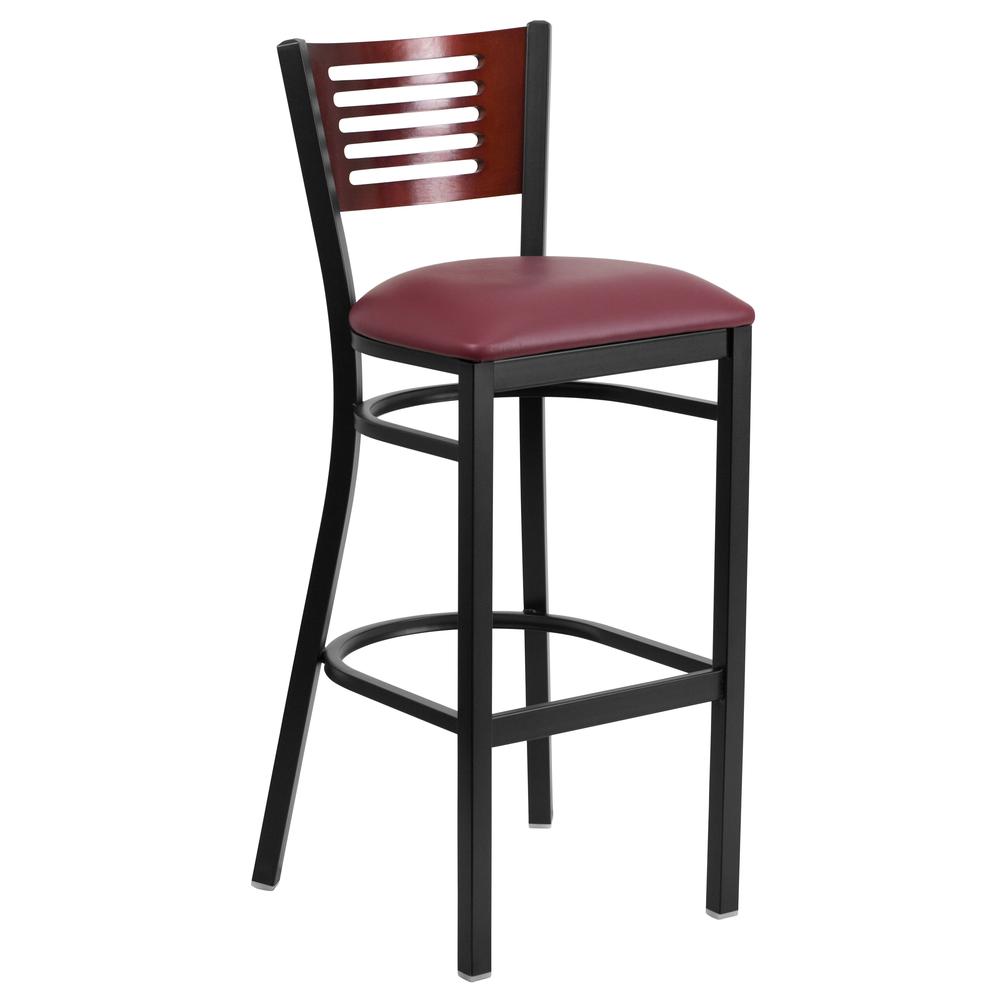 Black Slat Back Metal Restaurant Barstool with Mahogany Wood Back and Burgundy Vinyl Seat