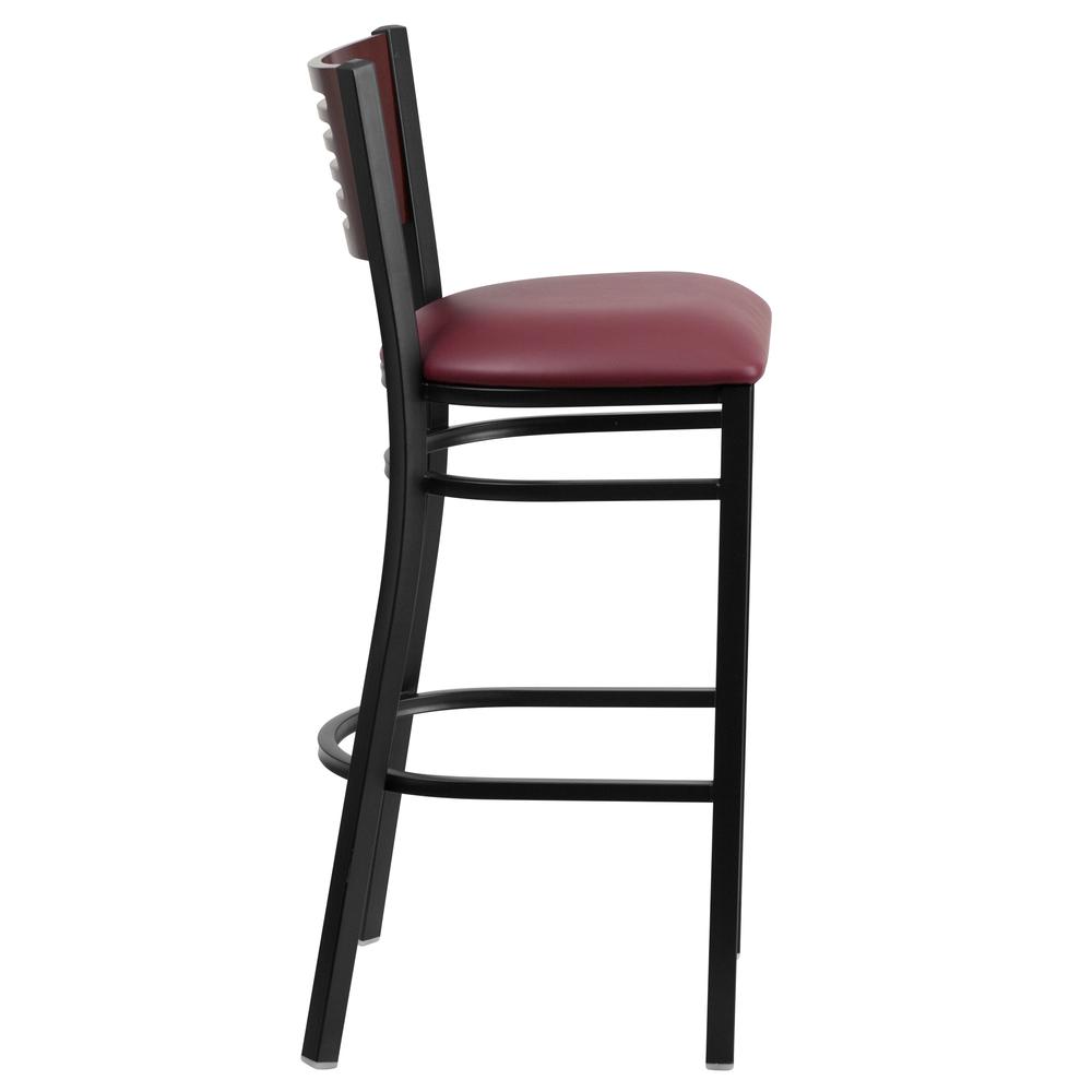 Black Slat Back Metal Restaurant Barstool with Mahogany Wood Back and Burgundy Vinyl Seat