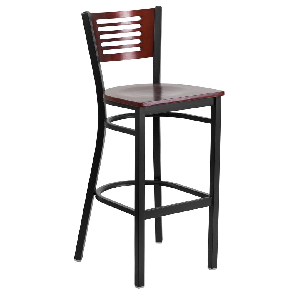 Black Slat Back Metal Restaurant Barstool with Mahogany Wood Back and Seat