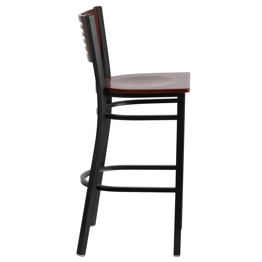 Black Slat Back Metal Restaurant Barstool with Mahogany Wood Back and Seat