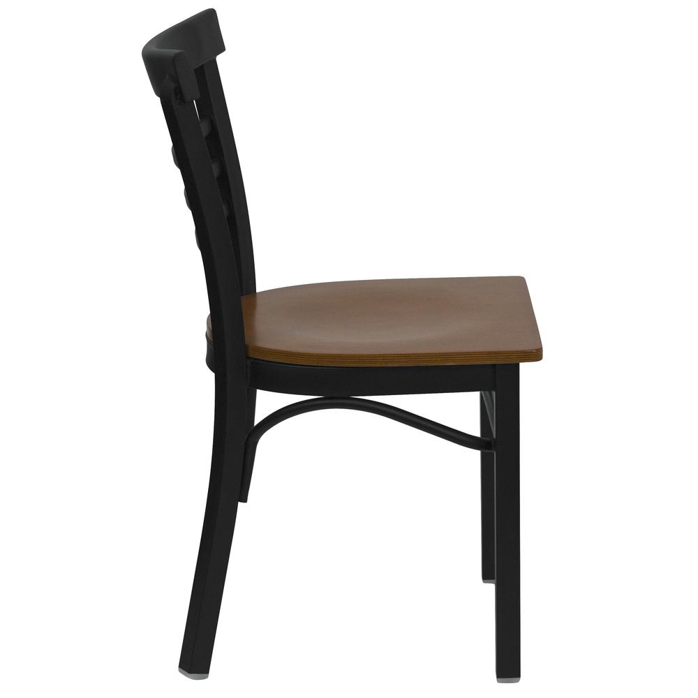 Hercules Series Black Three-Slat Ladder Back Metal Restaurant Chair - Cherry Wood Seat