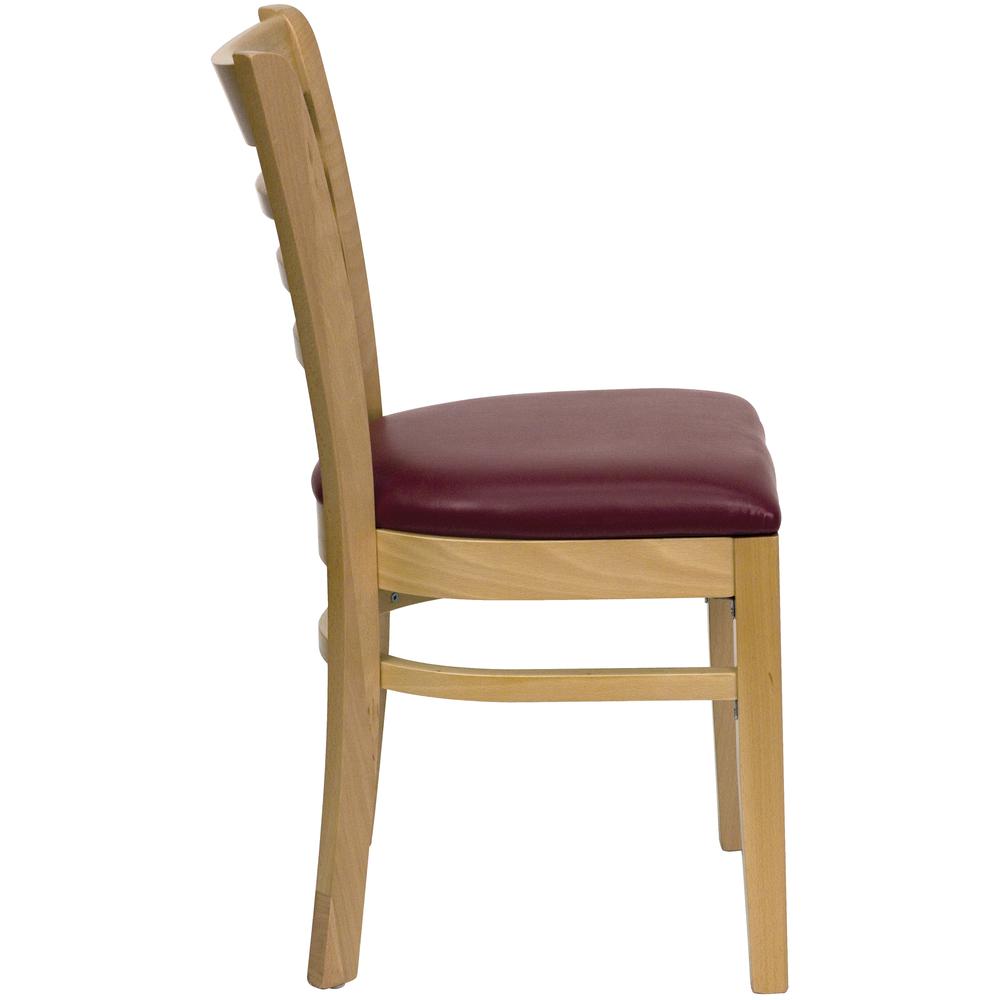 Hercules Series Ladder Back Natural Wood Restaurant Chair - Burgundy Vinyl Seat