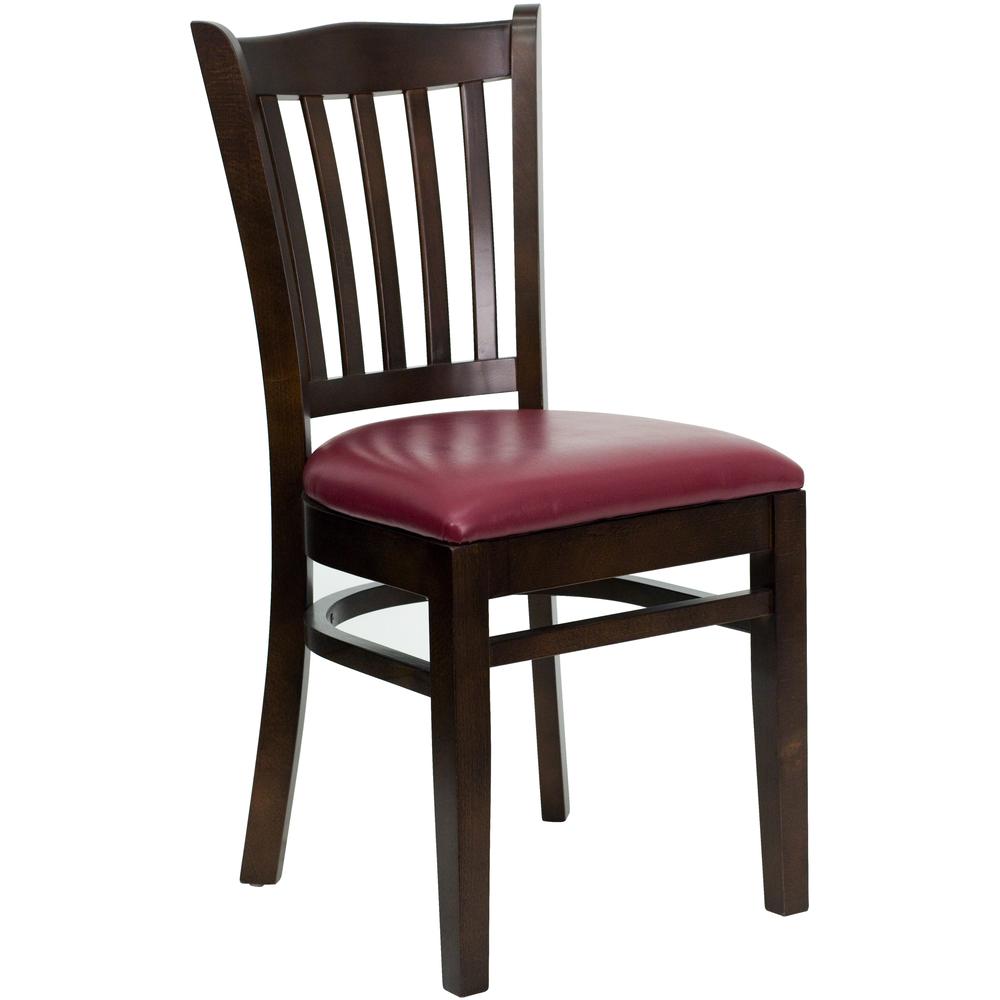 Image of Hercules Series Vertical Slat Back Walnut Wood Restaurant Chair - Burgundy Vinyl Seat