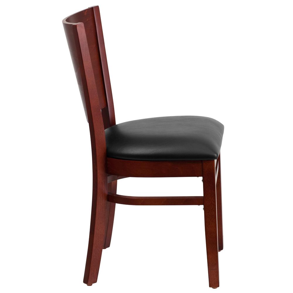 Lacey Solid Back Mahogany Wood Restaurant Chair - Black Vinyl Seat