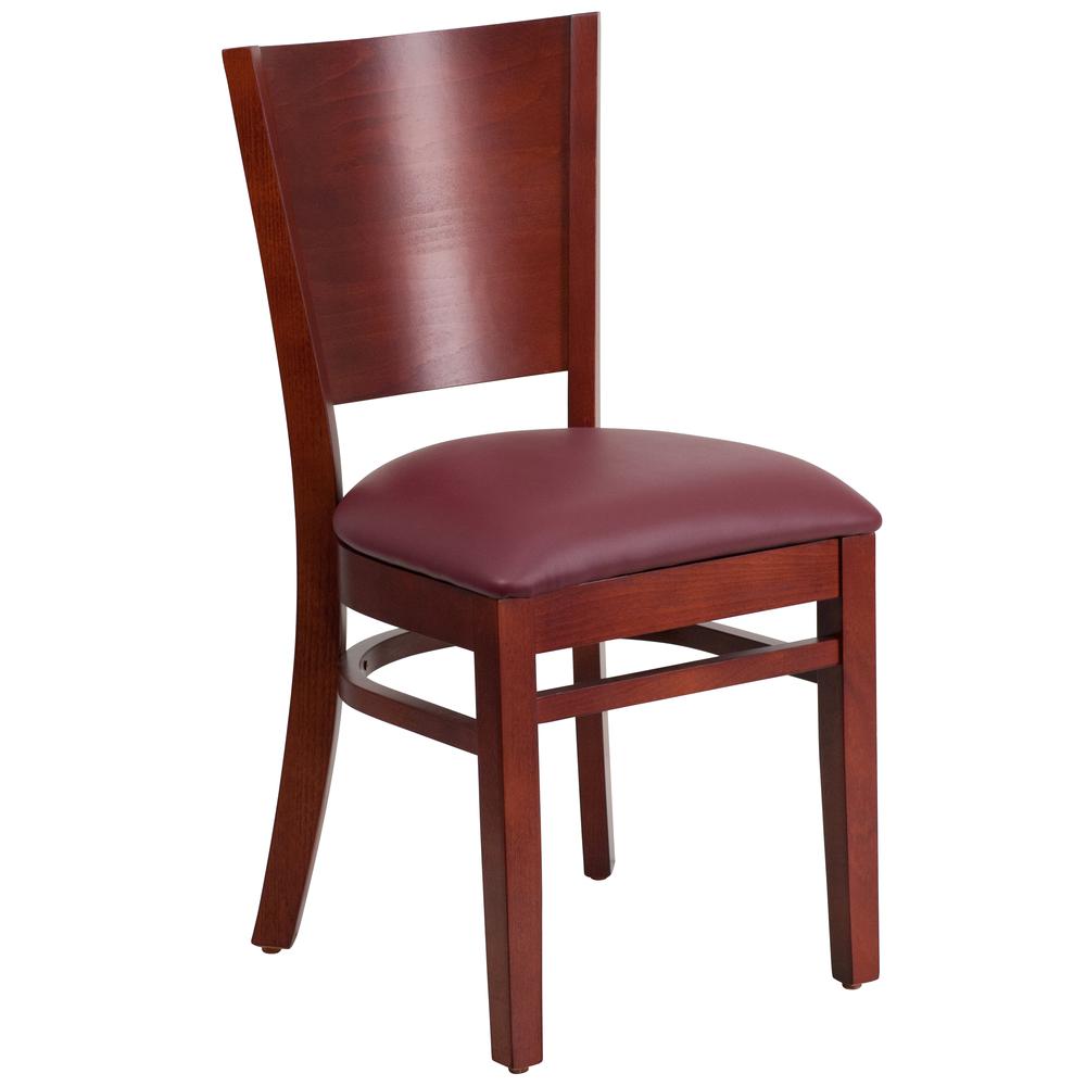 Lacey Solid Back Mahogany Wood Restaurant Chair - Burgundy Vinyl Seat