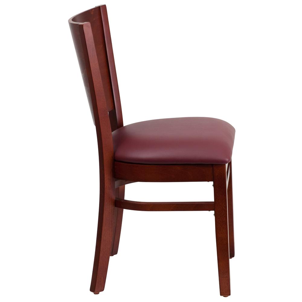 Lacey Solid Back Mahogany Wood Restaurant Chair - Burgundy Vinyl Seat