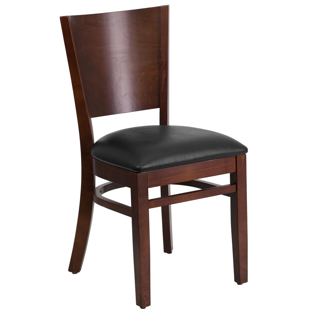 Lacey Solid Back Walnut Wood Restaurant Chair with Black Vinyl Seat