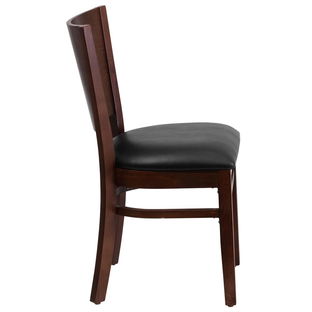 Lacey Solid Back Walnut Wood Restaurant Chair with Black Vinyl Seat