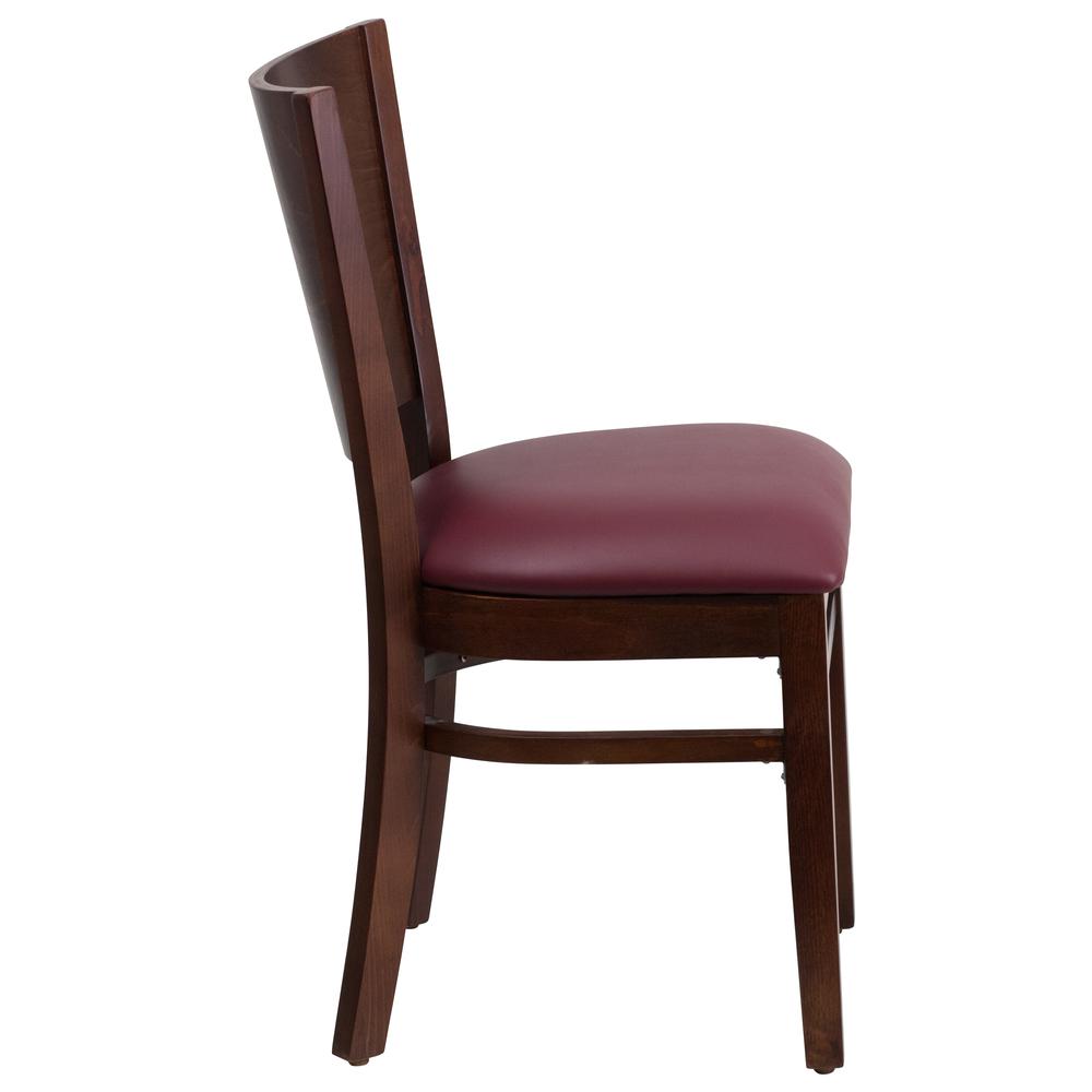 Lacey Solid Back Walnut Wood Restaurant Chair with Burgundy Vinyl Seat