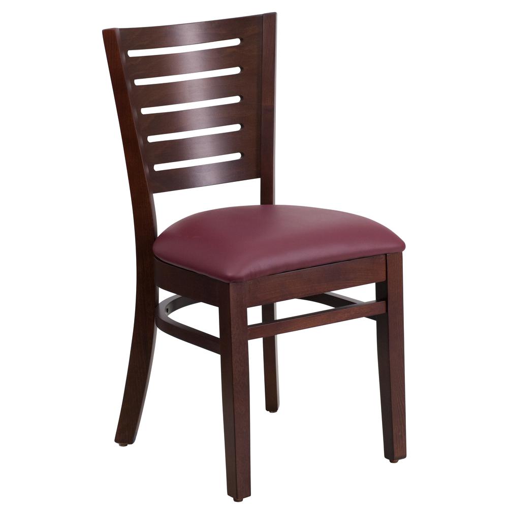 Walnut Wood Restaurant Chair with Slat Back and Burgundy Vinyl Seat