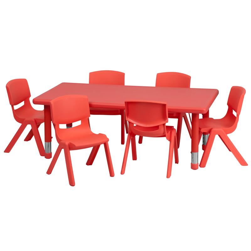 24''W X 48''L Rectangular Red Plastic Height Adjustable Activity Table Set With 6 Chairs