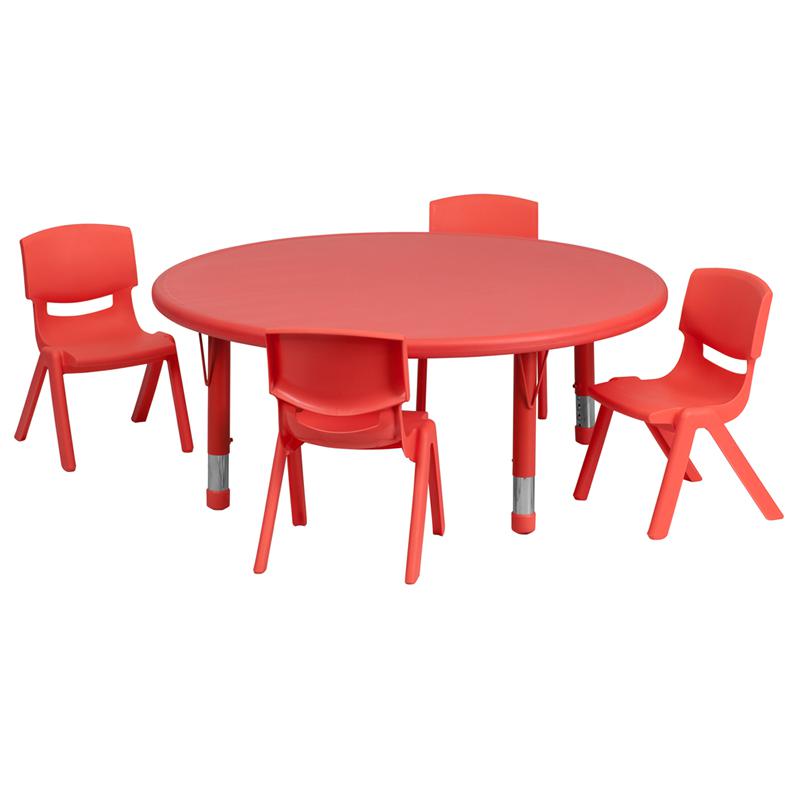 Image of 45'' Round Red Plastic Height Adjustable Activity Table Set With 4 Chairs