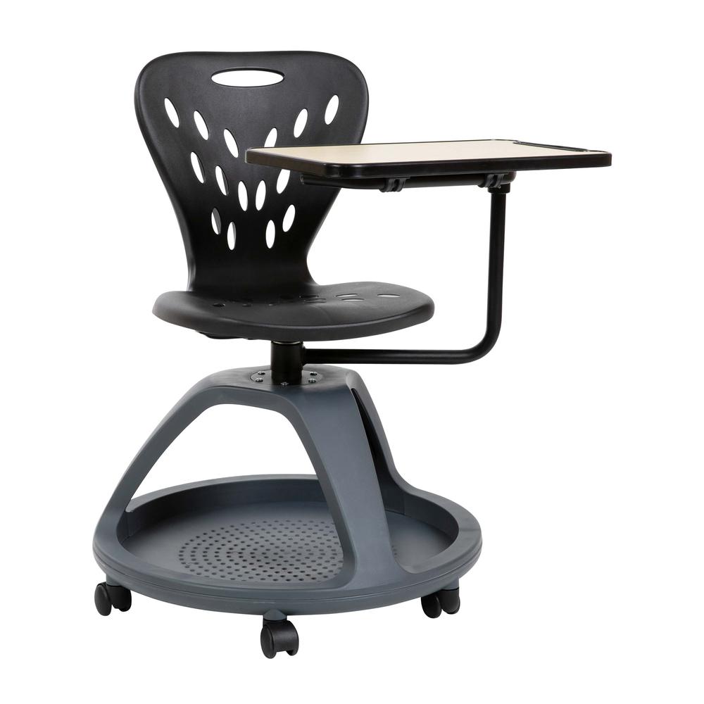 This is the image of Black Mobile Desk Chair with 360-Degree Tablet Rotation and Under-Seat Storage Cubby