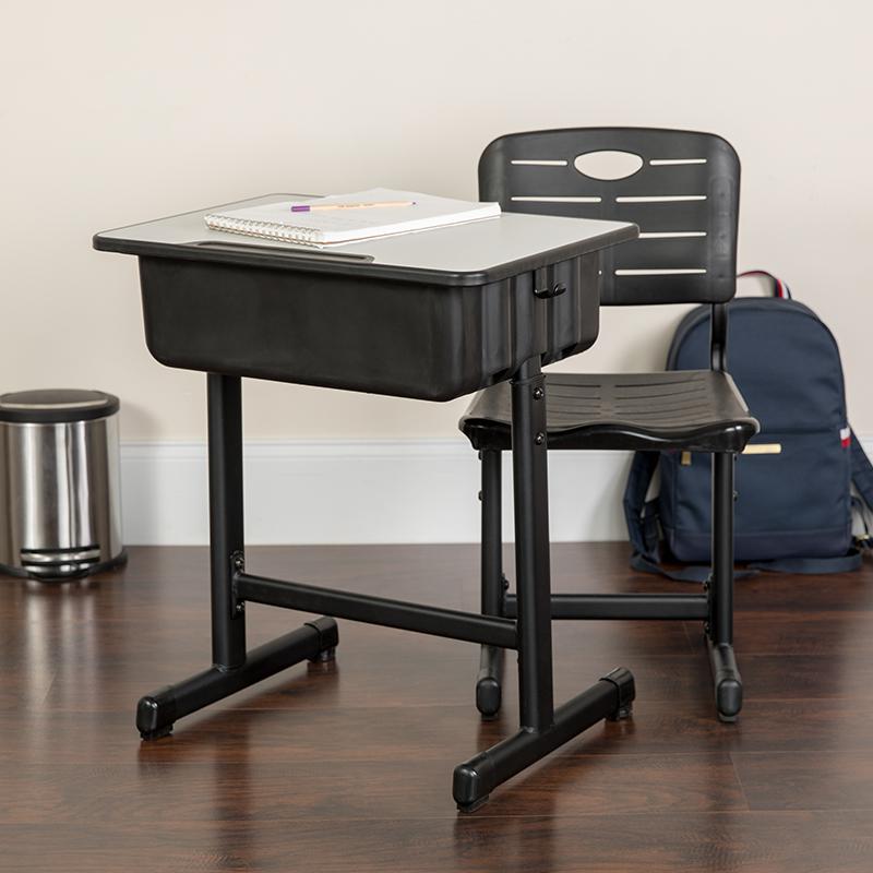 Adjustable Height Student Desk and Chair Set with Black Pedestal Frame