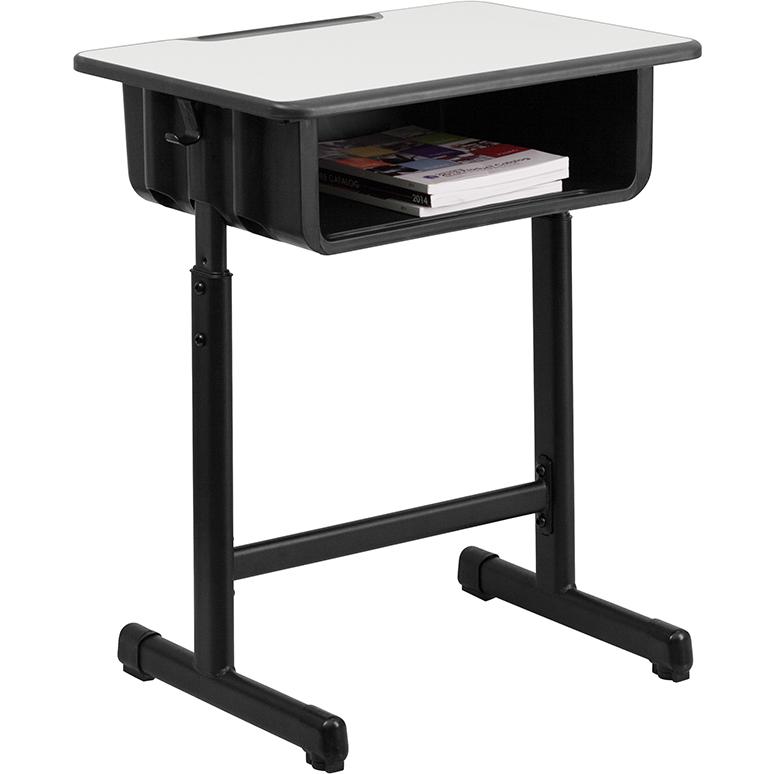 Adjustable Height Student Desk with Grey Top and Black Pedestal Frame
