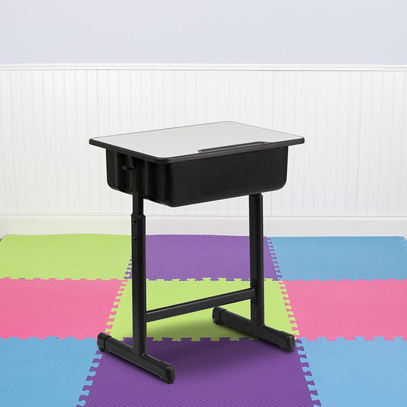 Adjustable Height Student Desk with Grey Top and Black Pedestal Frame