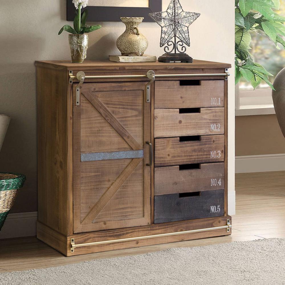 Image of Barn Door, Distressed Wood Pantry With Five Drawers And Two Shelves