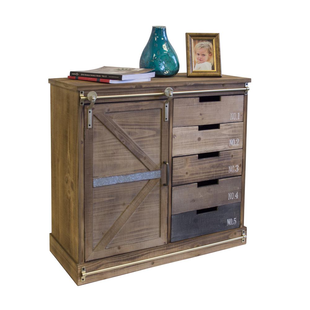 Barn Door, Distressed Wood Pantry With Five Drawers And Two Shelves