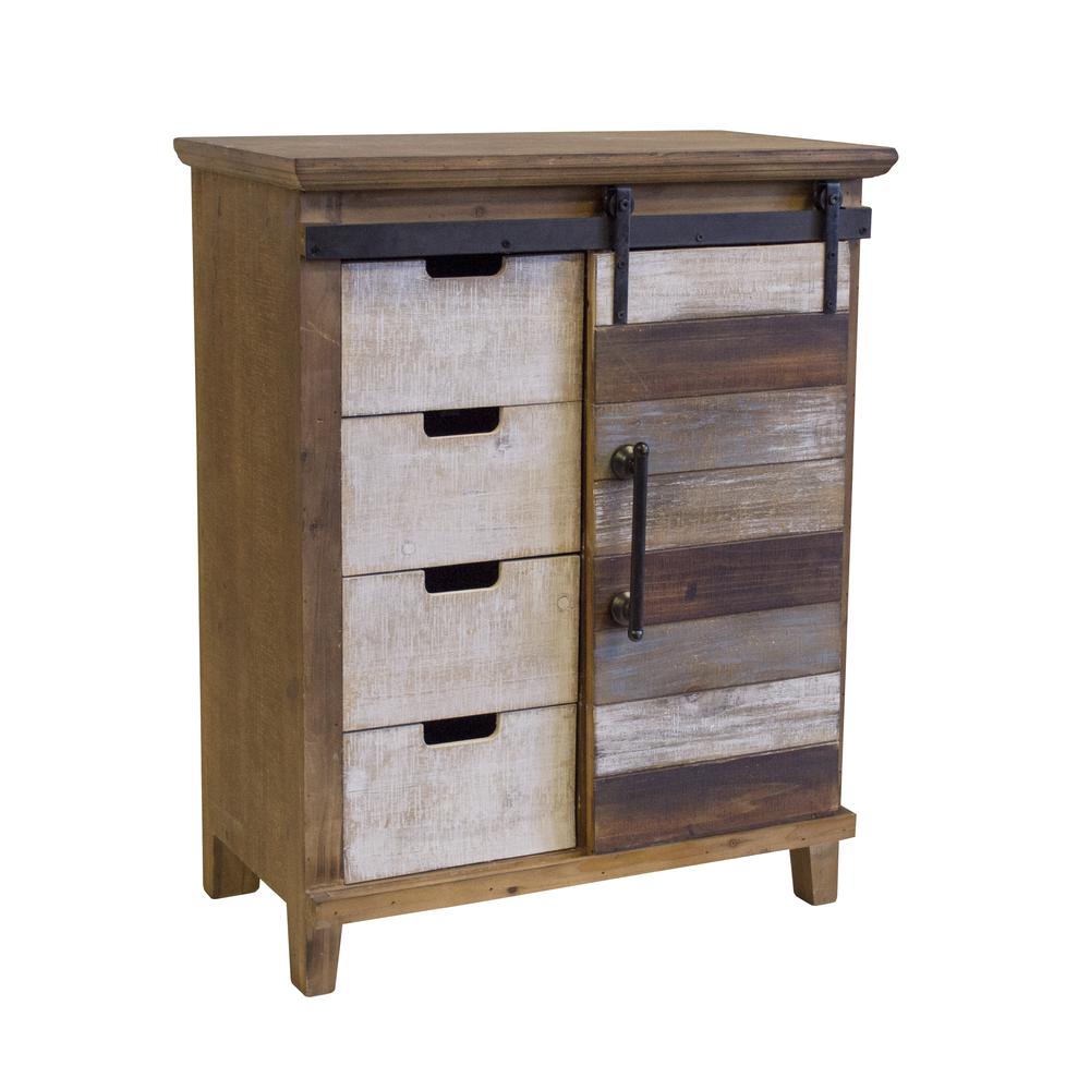 Antique Barn Door, Wood Pantry With Four Drawers And Two Shelves