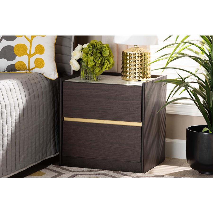 Image of Baxton Studio Walker Modern And Contemporary Dark Brown And Gold Finished Wood Nightstand With Faux Marble Top