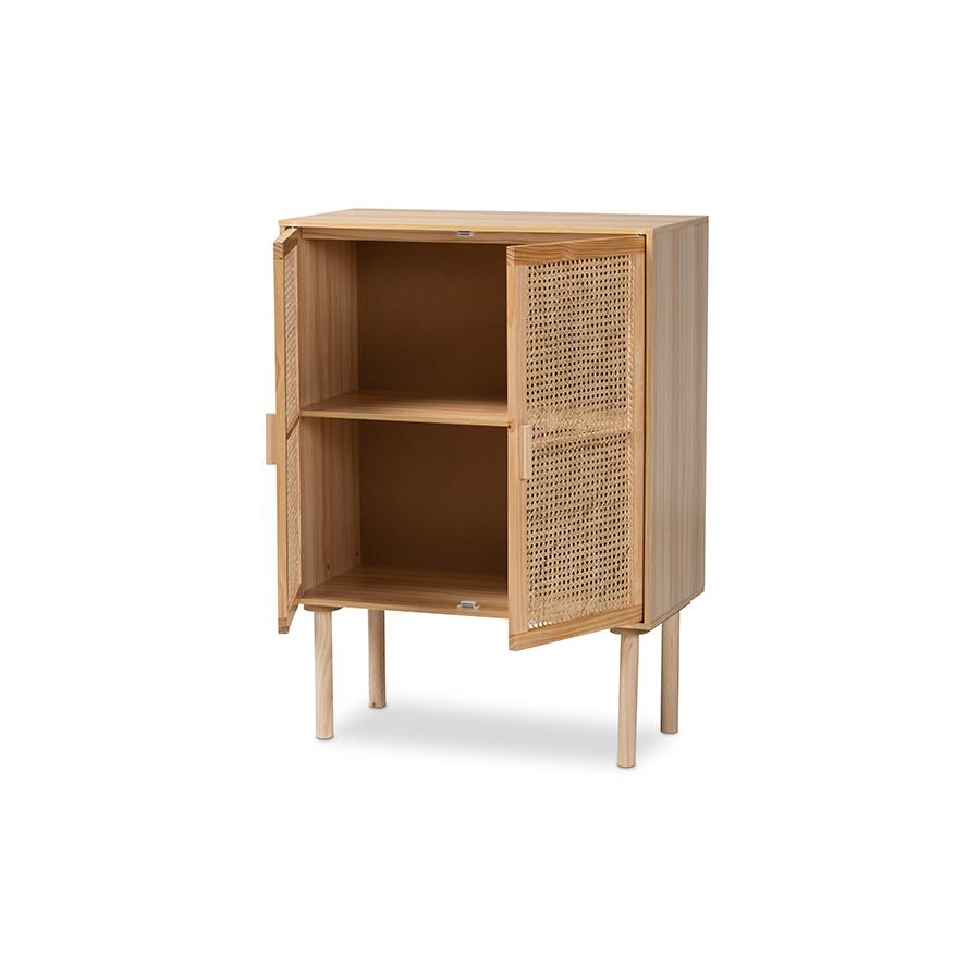 Baxton Studio Maclean Mid-Century Modern Rattan And Natural Brown Finished Wood 2-Door Storage Cabinet