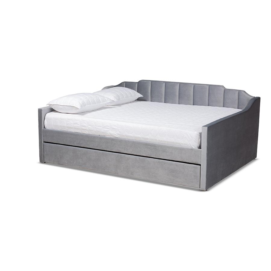 This is the image of Baxton Studio Lennon Modern and Contemporary Grey Velvet Fabric Upholstered Queen Size Daybed with Trundle