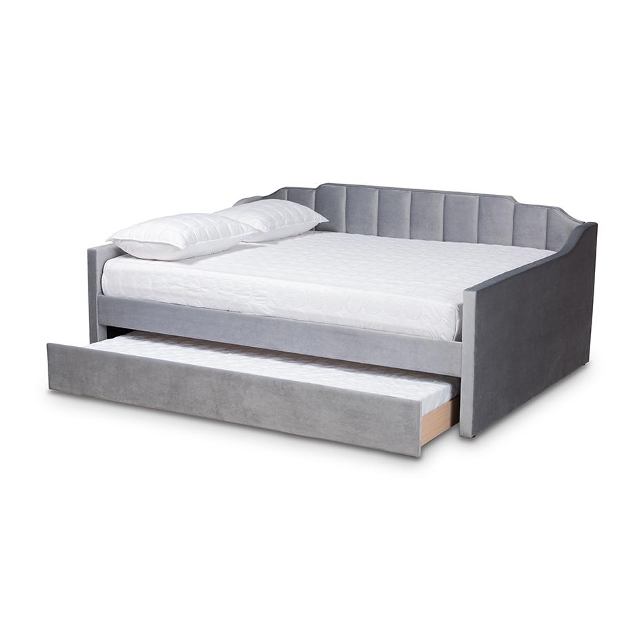 Baxton Studio Lennon Modern and Contemporary Grey Velvet Fabric Upholstered Queen Size Daybed with Trundle