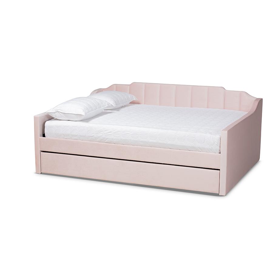 This is the image of Baxton Studio Lennon - Modern and Contemporary Pink Velvet Fabric Upholstered Queen Size Daybed with Trundle