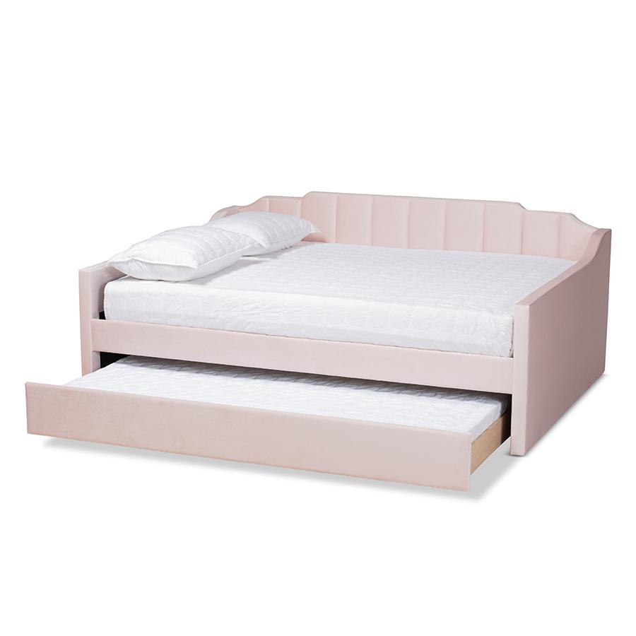 Baxton Studio Lennon - Modern and Contemporary Pink Velvet Fabric Upholstered Queen Size Daybed with Trundle