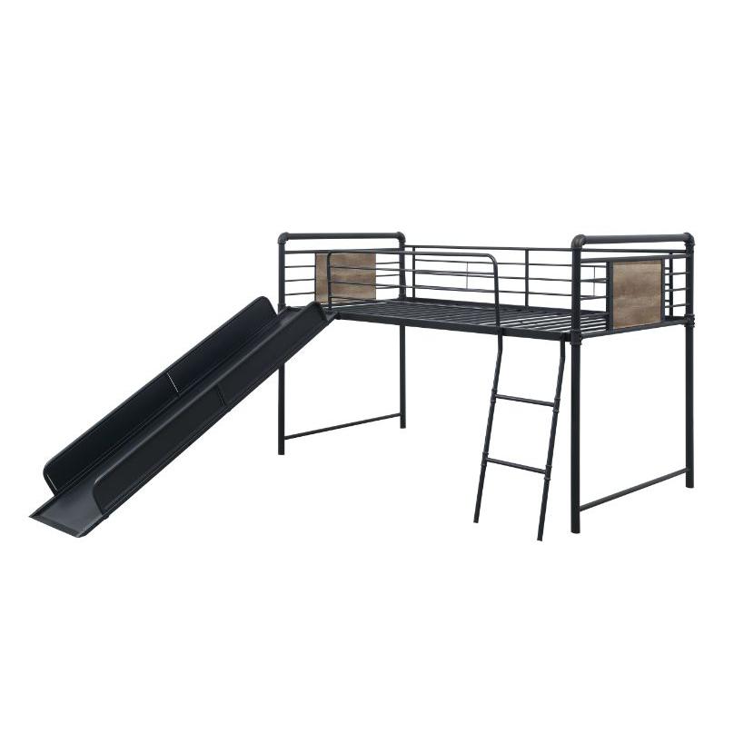 Image of Cordelia Antique Oak, Sandy Black & Dark Bronze Hand-Brushed Finish Twin Loft Bed W/Slide