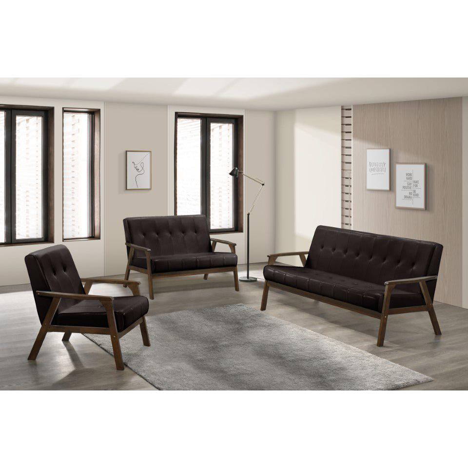 Iven Mid Century Wood Arm Chair, Sofa & Love Seat Set, Dark Brown