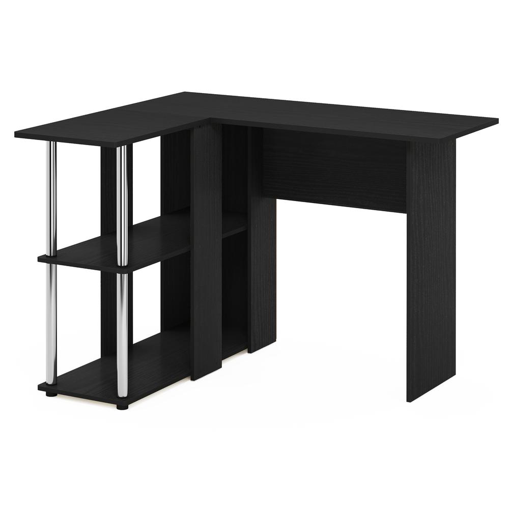 Image of Furinno Abbott L-Shape Desk With Bookshelf, Americano, Stainless Steel Tubes