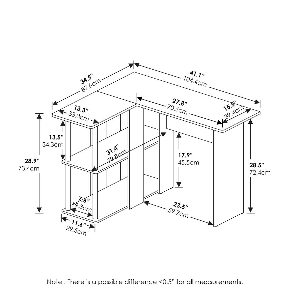 Furinno Abbott L-Shape Desk With Bookshelf, Americano, Stainless Steel Tubes