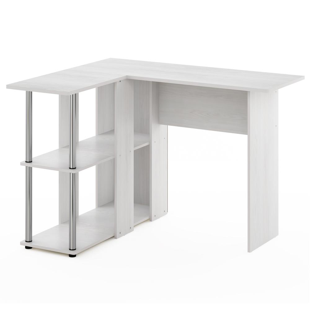 Image of Furinno Abbott L-Shape Desk With Bookshelf, White Oak, Stainless Steel Tubes