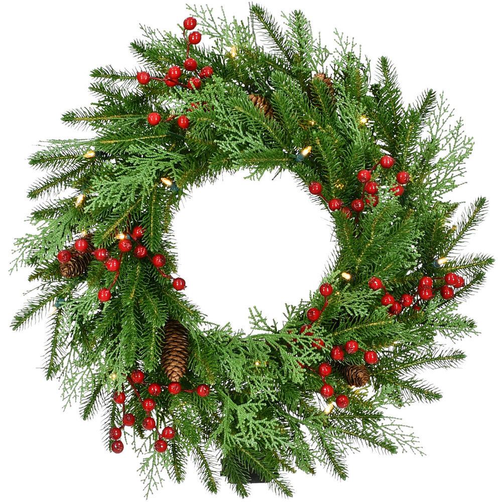 This is the image of FHF 24" Wreath with Pinecones and Berries, Battery Operated Warm White LED Lights