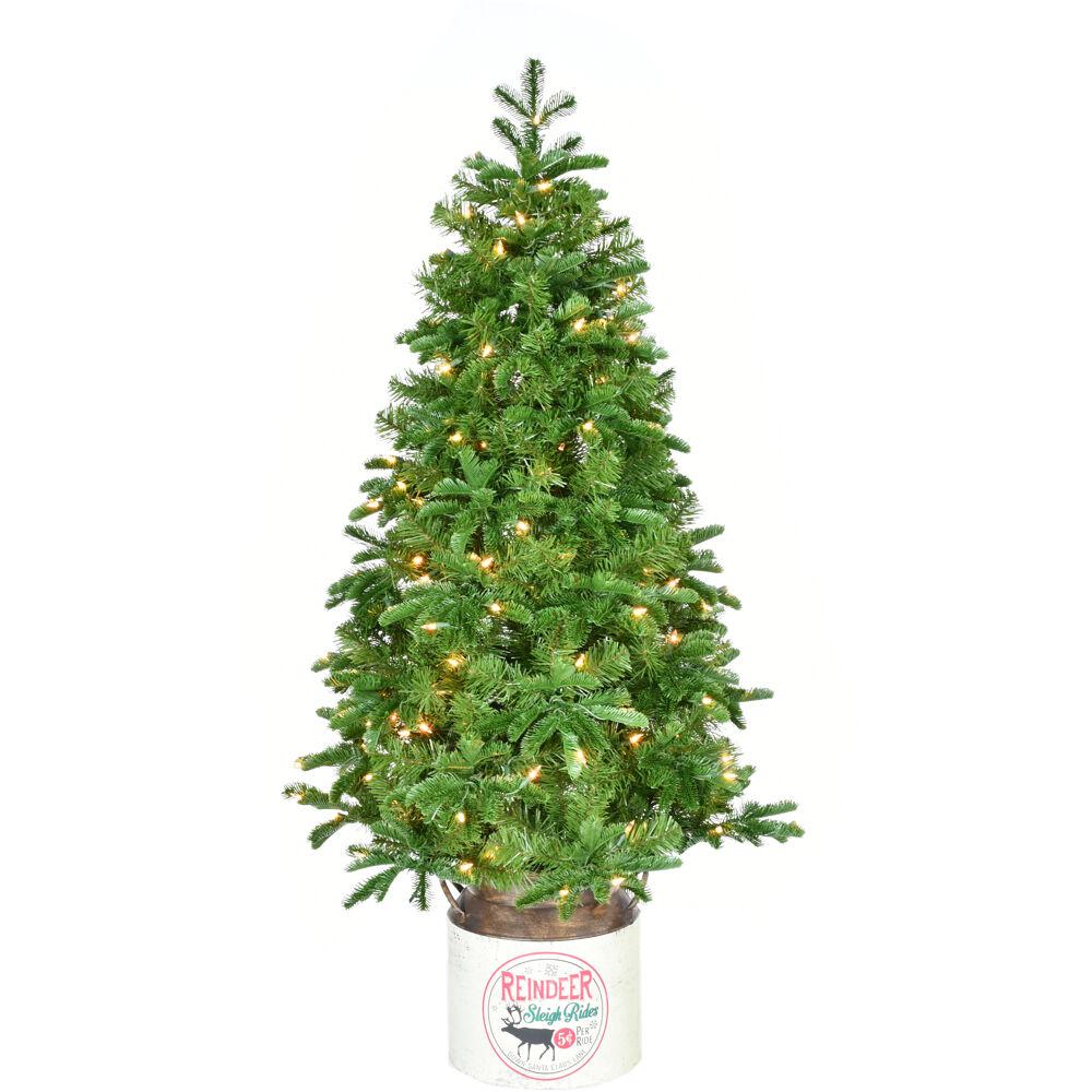 This is the image of FHF 4.5' Porch Tree in Reindeer Pot with Warm White LED Lights
