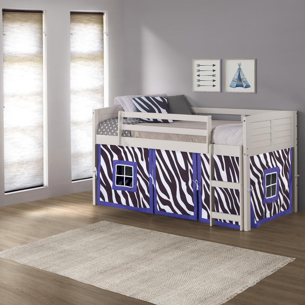 Twin Louver Low Loft Bed in White with Zebra Tent
